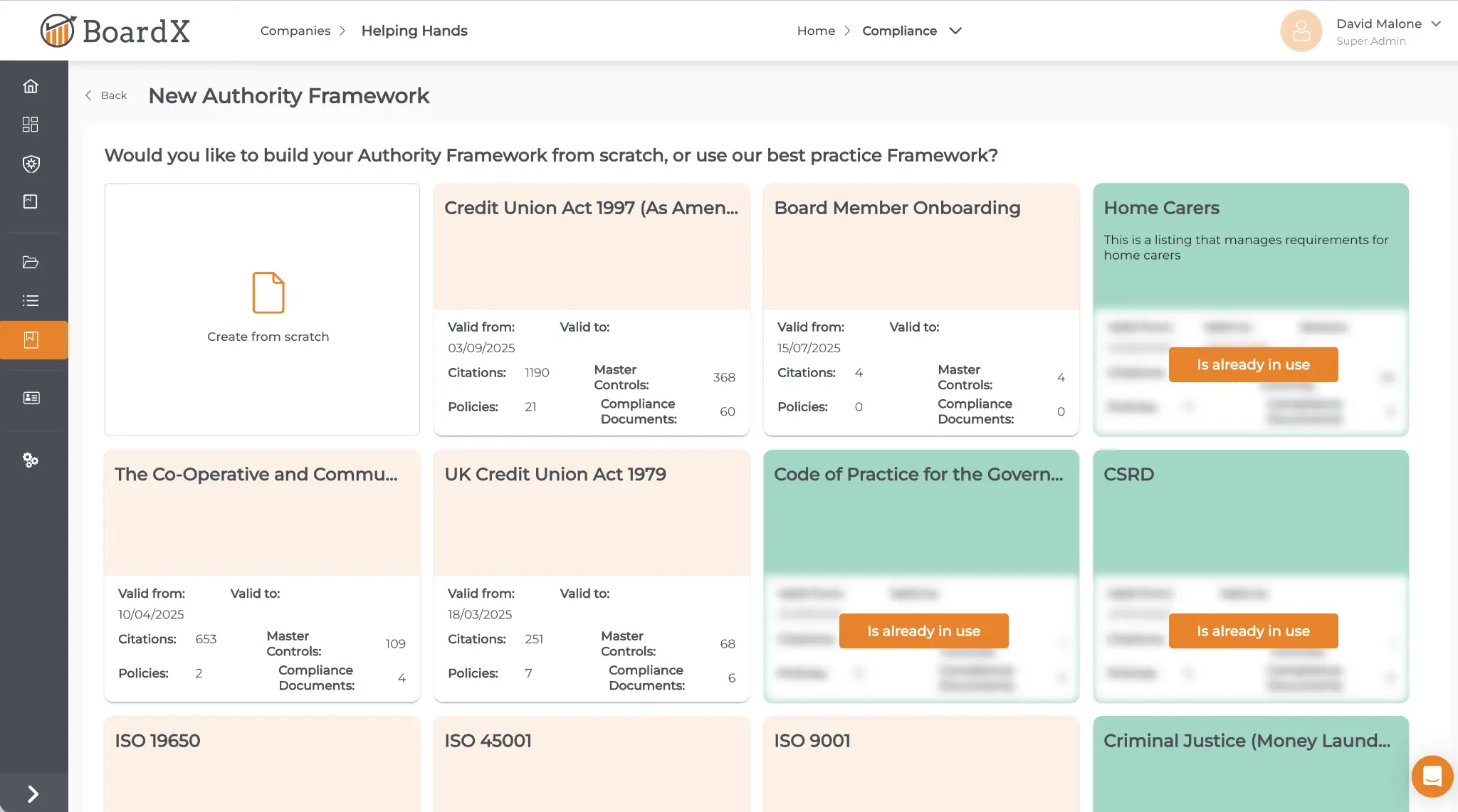 BoardX Framework Library showing various compliance frameworks